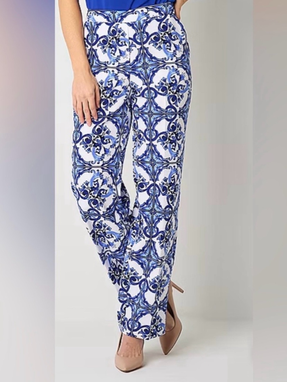 Liz Claiborne Blue White Medallion Print Pull-On Trouser Pants Size L